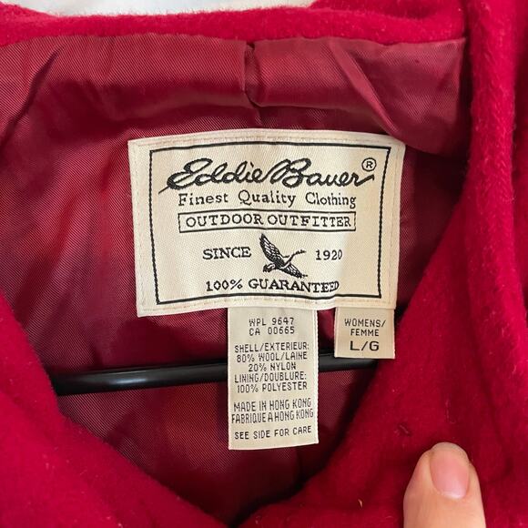VTG Eddie Bauer Wool Blend Red Coat Women's SZ LARGE Hooded Classic Winter Coat - Picture 2 of 7